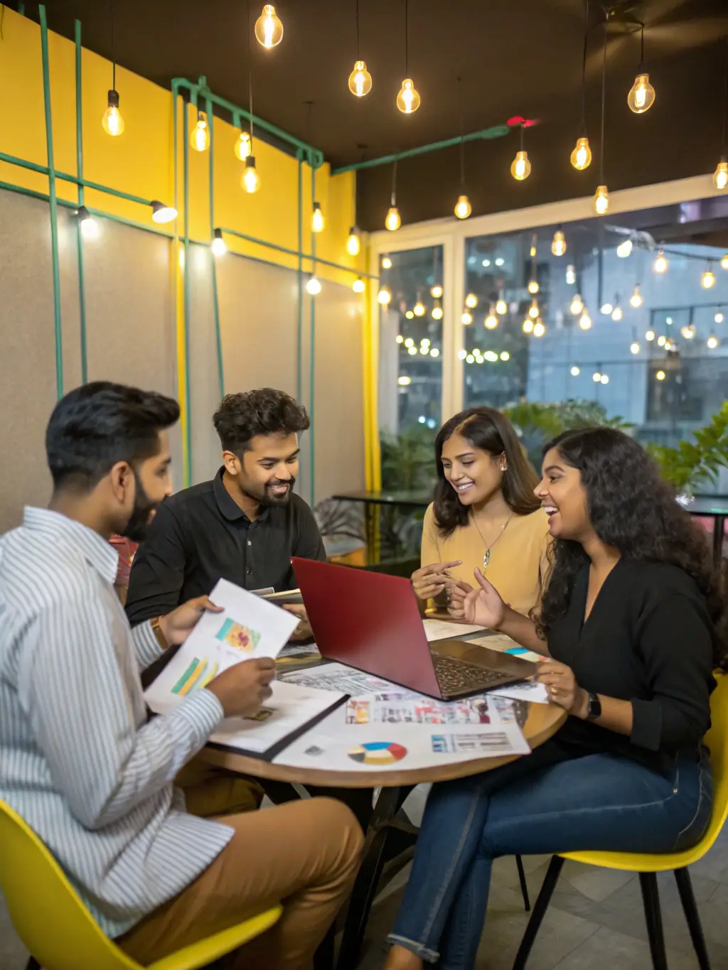 A diverse group of young professionals in a co-working space in Delhi, discussing investment strategies and opportunities.